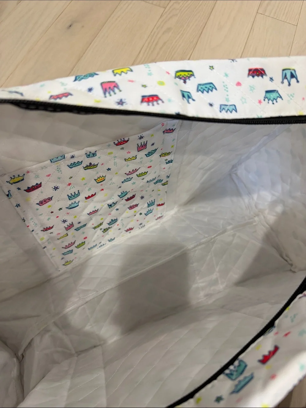 Scout White Diaper Tote with Multicolor Crown Print